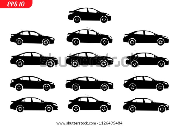 Set of car silhouette, isolated on white\
backgound. Black color. Sedan car body type. Realistic car model.\
Vector illustration.