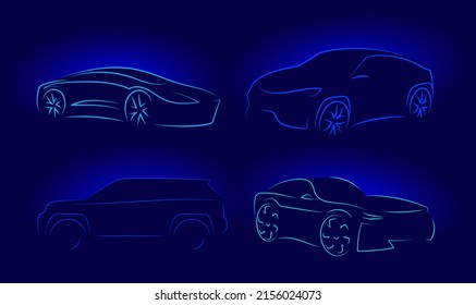 Set of car silhouette made from lines, side view. Modern blue neon car silhouette for logo, banner for marketing advertising design. Vector illustration. Isolated on black background.