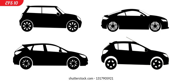 Set of car silhouettes, black hatchback model car silhouettes, logo pickup isolated on white background, vector illustration car logotype. Set car silhouettes pickup, delivery repair EPS 10 monochrome