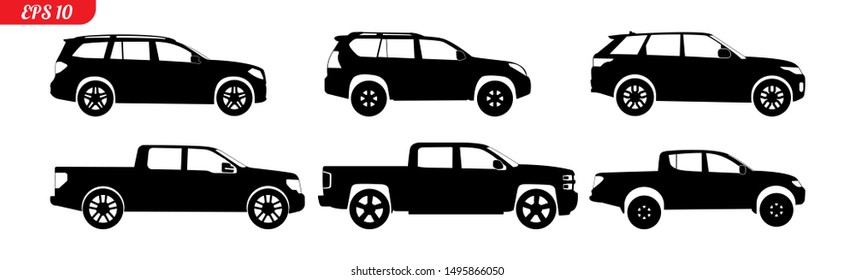 Set of car silhouettes, black pick up car silhouettes, logo pickup isolated on white background, vector illustration car logotype. Set car silhouettes pickup, delivery repair EPS 10 monochrome icons