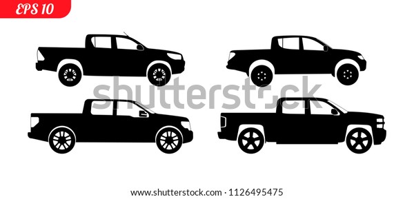 Set of car silhouettes, black pick up car\
silhouettes, logo pickup isolated on white background, vector\
illustration car logotype. Set car silhouettes pickup, delivery\
repair EPS 10 monochrome\
icons