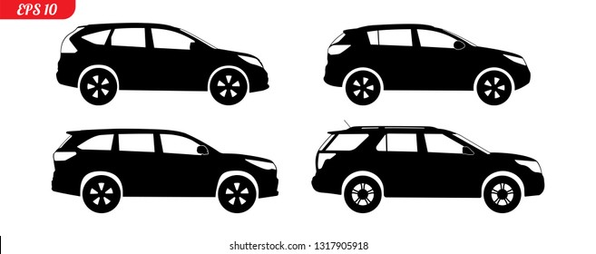 Set of car silhouettes, black SUV model car silhouettes, logo pickup isolated on white background, vector illustration car logotype. Set car silhouettes pickup, delivery repair EPS 10 monochrome icons