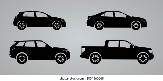 Set of car silhouettes, black and white car silhouettes, logo isolated on grey background, vector illustration car logotype. Set silhouettes sedan, suv, pick up body, delivery, repair, service  EPS 10