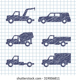 Set of car silhouettes isolated on copybook paper. Vector illustration