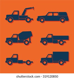 Set of car silhouettes isolated on orange. Vector illustration