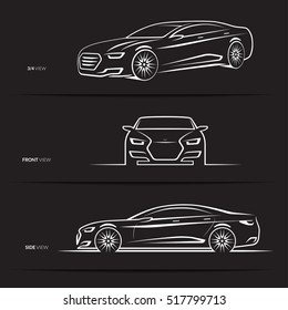 Set of car silhouettes, outlines, contours. Front, 3/4 and side view of luxury sedan. Abstract hand-drawn modern vehicle isolated on black background