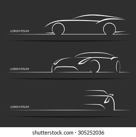 Set of car silhouettes. White hand drawn sports car outlines / contours isolated on dark background. Vector illustration