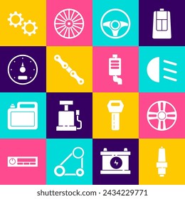 Set Car spark plug, Alloy wheel, High beam, Steering, chain, Speedometer, Gear and muffler icon. Vector