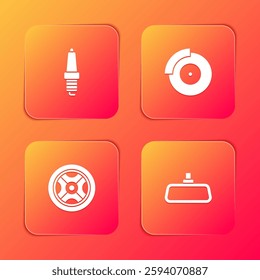 Set Car spark plug, brake disk with caliper, wheel and mirror icon. Vector