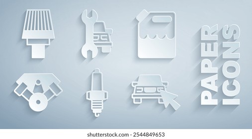 Set Bujía de coche, bote de gasolina, motor de coche de energía, uso compartido en línea, servicio y Filtrar de aire icono. Vector