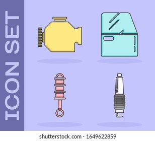 Set Car spark plug, Check engine, Shock absorber and Car door icon. Vector