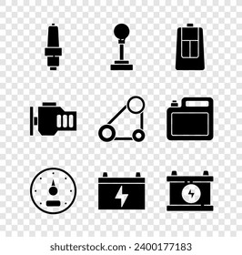Set Car spark plug, Gear shifter, key with remote, Speedometer, battery, Check engine and Timing belt kit icon. Vector