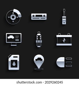 Ajuste la bujía del coche, Ubicación con servicio de coches, Luz de carretera, batería, cartucho para aceite de motor, estado de diagnóstico de, Icono de la pinza de freno y del destornillador. Vector
