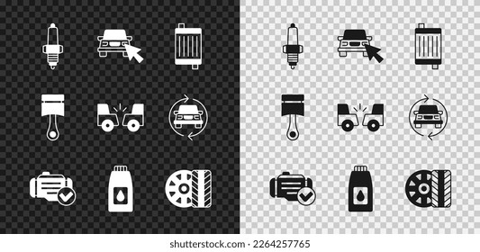 Set Car spark plug, Online car sharing, radiator cooling system, Check engine, Canister for motor machine oil, tire wheel, Engine piston and accident icon. Vector