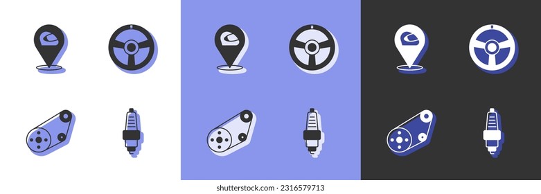 Set Auto Funkstecker, Racing Helm, Timing Gurt Kit und Lenkradsymbol. Vektorgrafik