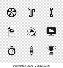 Set Car spark plug, Racing helmet, Award cup, Wrench spanner, Alloy wheel for car, muffler and  icon. Vector