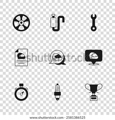 Set Car spark plug, Racing helmet, Award cup, Wrench spanner, Alloy wheel for car, muffler and  icon. Vector