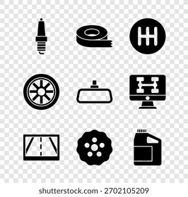 Set Bujía de coche, cinta escocesa, cambio de marchas, dispositivo GPS con mapa, bote para aceite de motor, rueda e icono de espejo. Vector
