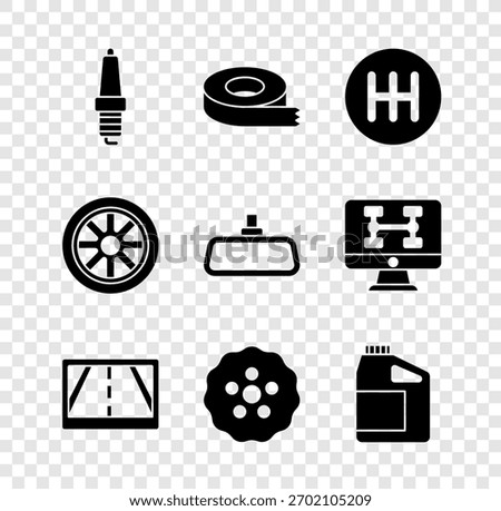Set Car spark plug, Scotch tape, Gear shifter, Gps device with map, Canister for motor oil, wheel and mirror icon. Vector