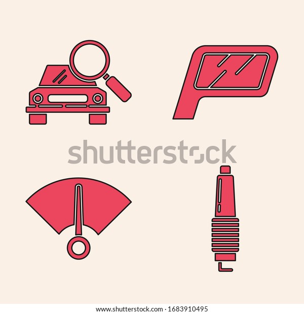 Set Car spark plug, Car search, Car mirror and\
Speedometer icon. Vector