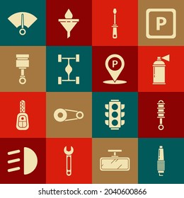 Set Car spark plug, Shock absorber, Paint spray can, Screwdriver, Chassis car, Engine piston, Speedometer and Location with parking icon. Vector