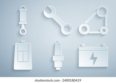 Ajuste la bujía del coche, el kit de correa de tiempo, la llave con mando a distancia, la batería, el interruptor de llave y el icono del amortiguador de choques. Vector