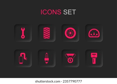 Set Car spark plug, tire wheel, Wrench spanner, Medal, Speedometer, key with remote, Alloy for car and muffler icon. Vector