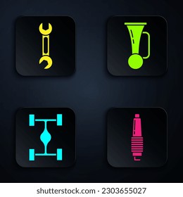 Stecken Sie den Autofussstecker, den Schraubenschlüssel, das Fahrgestell und das Signalhorn im Fahrzeug. Schwarze Quadrat-Taste. Vektorgrafik