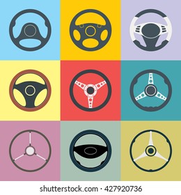 Set of car steering wheel flat icons. EPS8 clean vector illustration.