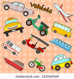 Set of car stickers. Boats, Airplanes, Ambulances, Vans, Buses, Pick-up, Trucks, Cars,Motorcycles, Bicycles, and Taxis. Doodle Vector Illustration