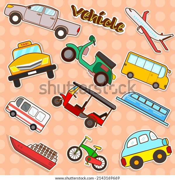 Set of car stickers. Boats,\
Airplanes, Ambulances, Vans, Buses, Pick-up, Trucks,\
Cars,Motorcycles, Bicycles, and Taxis. Doodle Vector\
Illustration
