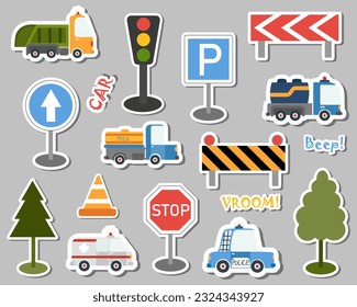 A set of car stickers and road signs. Vector illustration.