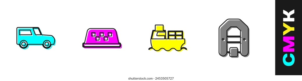 Set Car, Taxi car roof, Cargo ship with boxes delivery and Rafting boat icon. Vector