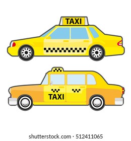 Set von Auto-Taxi-Service, Seitenansicht. Gelbe Fahrzeugtransportkabine für die Stadt. Moderner und moderner öffentlicher Nahverkehr. Vektorgrafik einzeln auf weißem Hintergrund. Flache Symbole für Design.