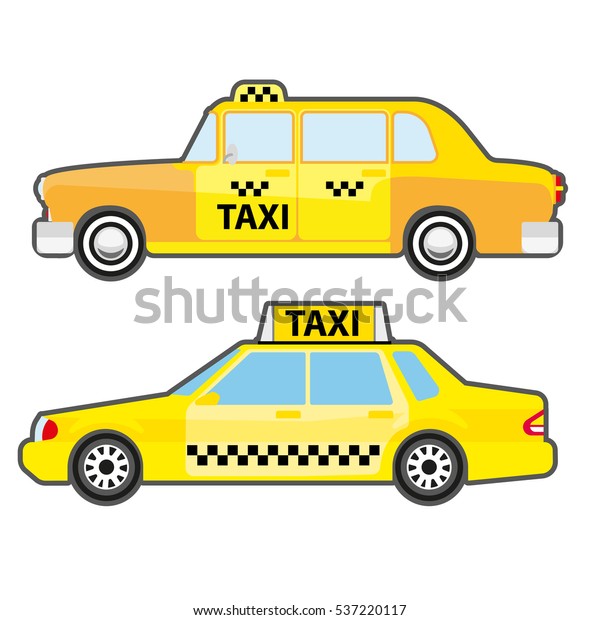 Set\
of car taxi service, side view. Yellow vehicle transport cab for\
city. Modern and retro urban public transport. Vector illustration\
isolated on white background. Flat icons for\
design.