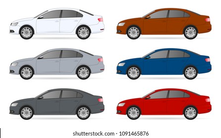 Set of car template for car branding and advertising. Isolated sedan on white background. All layers and groups well organized for easy editing and recolor. View from side car Vector sedan car mockup