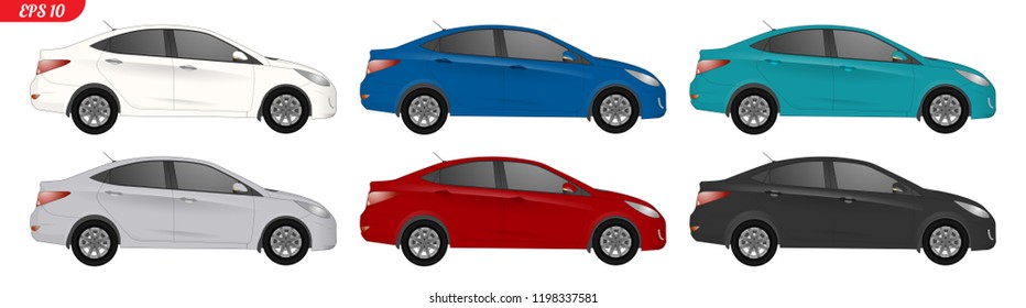 Set of car template for car branding and advertising. Realistic sedan car vector model. Isolated sedan on white background. Vector illustration. Auto car sedan vector. Sedan vector mock up model.