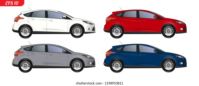 Set of car template for car branding and advertising. Isolated sedan on white background. Vector illustration. 
Set of different color car model, side view. White, red, grey and blue body color.