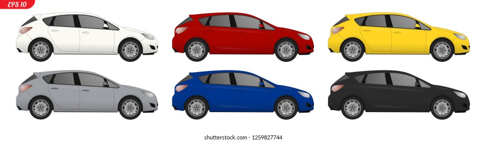 Set of car template for car branding and advertising. Isolated hatchback on white background. Set of car template for car branding and advertising Realistic sedan vector model. Isolated sedan on white