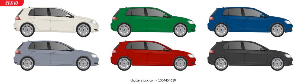 Set of car template for branding and advertising. Isolated hatchback on white background. Vector illustration. 
Set of different color car model, side view.