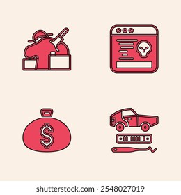 Set Car theft, Murder, System bug and Money bag icon. Vector
