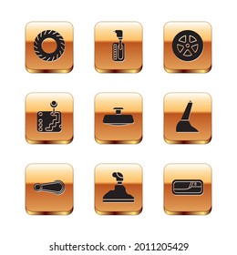 Set Car tire, door handle, Gear shifter, mirror, wheel,  and  icon. Vector