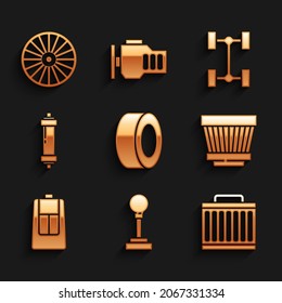 Set Car tire, Gear shifter, radiator cooling system, air filter, key with remote, Shock absorber, Chassis car and Alloy wheel icon. Vector