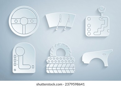 Set Car tire, Gear shifter, fender, Windscreen wiper and Steering wheel icon. Vector
