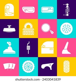 Set Car tire, handbrake, wheel, door handle, mirror, Gear shifter and  icon. Vector