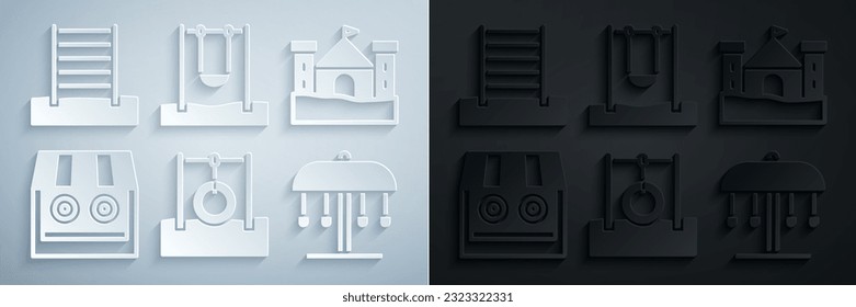 Set Car tire hanging on rope, Sand castle, Shooting gallery, Attraction carousel, Swing and Swedish wall icon. Vector