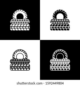 Set Car tire icon isolated on black and white background.  Vector Illustration