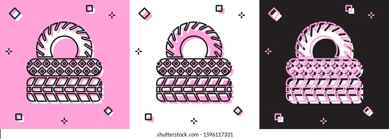 Set Car tire icon isolated on pink and white, black background.  Vector Illustration