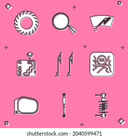 Set Car tire, mirror, Windscreen wiper, Gear shifter,  and Shock absorber icon. Vector