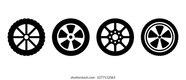 Set von Autoreifen, Vektorsymbol auf weißem Hintergrund. Schwarze Silhouette mit Fahrzeugrad und Protektor. Vektor 10 EPS.